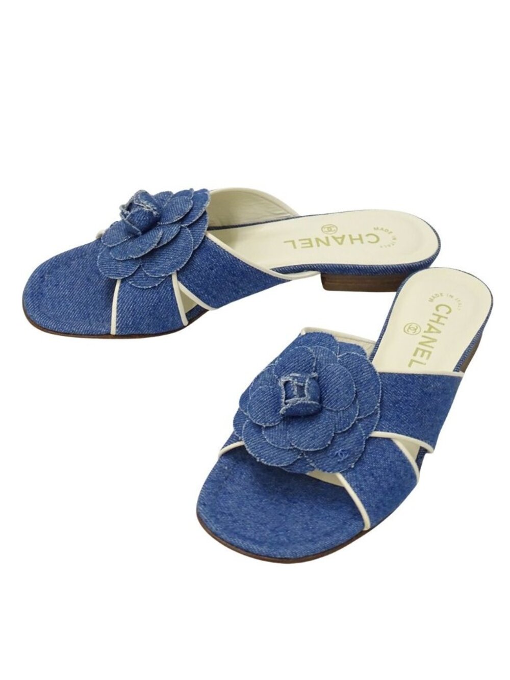 Chanel Sandals Camellia Denim Leather Blue White Summer Mules